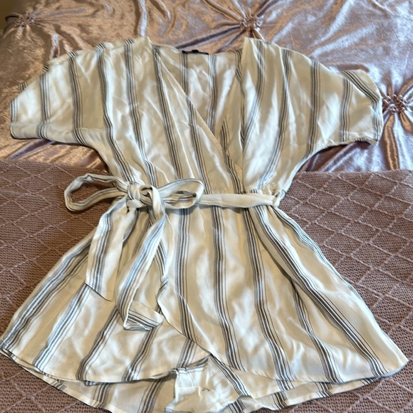 Lulus Climb Aboard Grey and White Striped Faux Wrap Romper - Picture 3 of 5